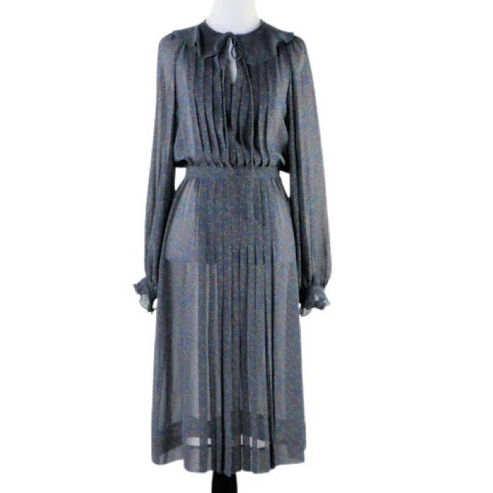 Vintage 1970s/80s Grey/Blue Printed Sheer Secretary Dress with Necktie Medium
